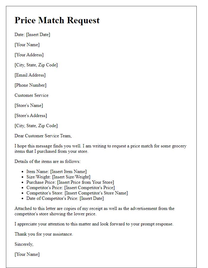 Letter template of price match request for grocery items.