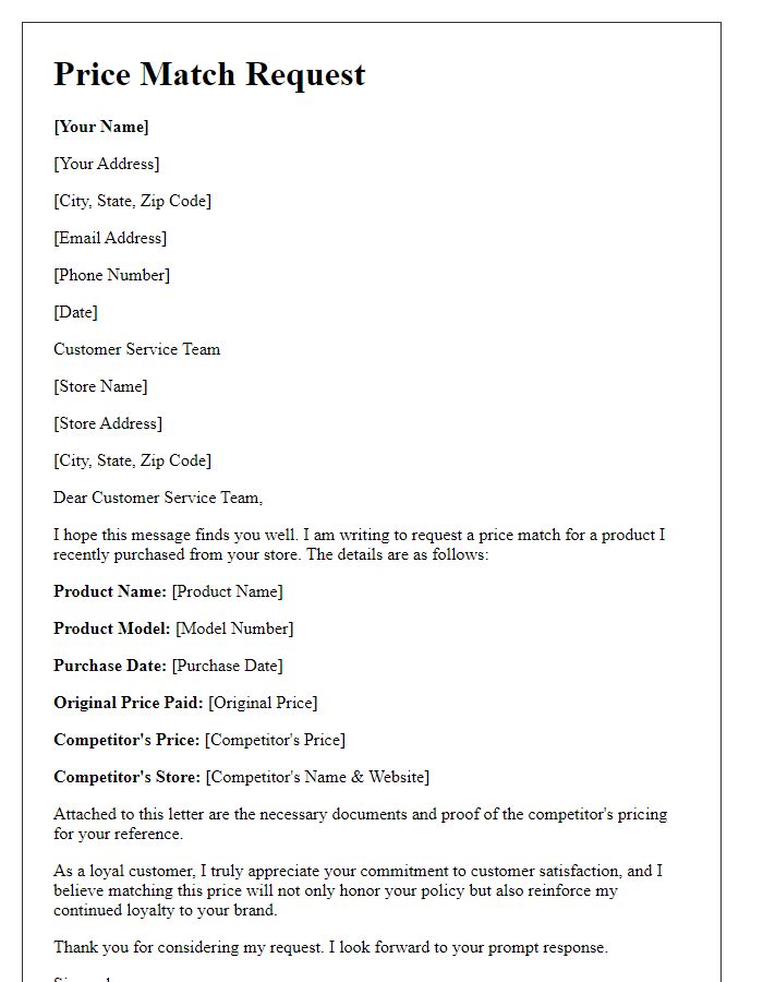 Letter template of price match request for sporting goods.