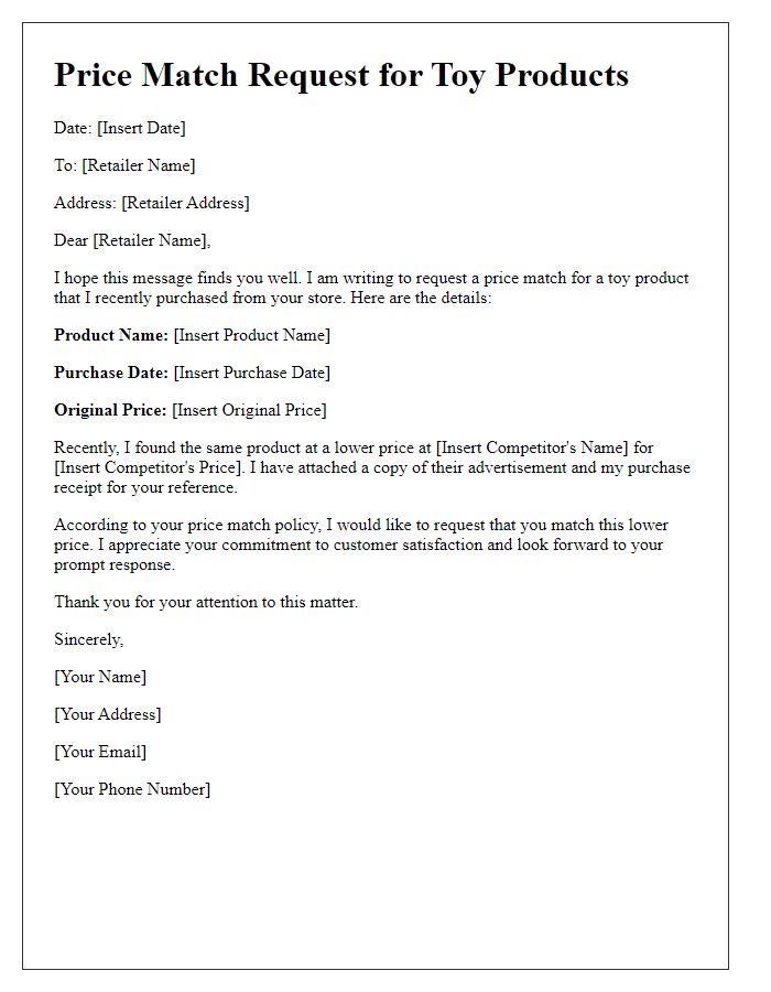 Letter template of price match request for toy products.