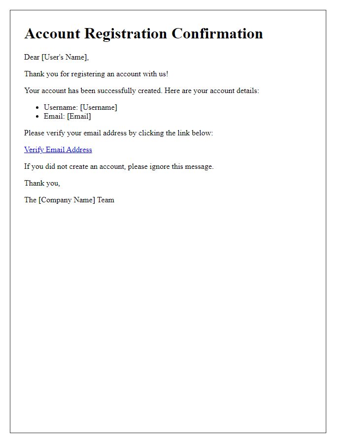 Letter template of account registration confirmation message