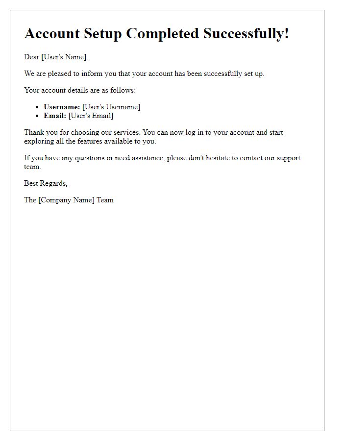 Letter template of account setup completion notification