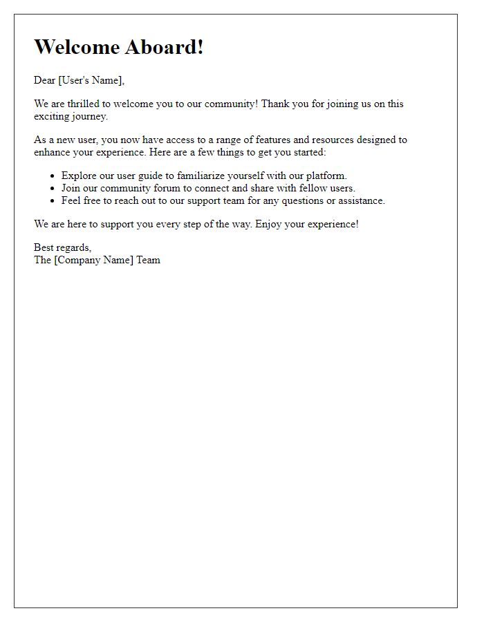 Letter template of welcome onboard message for new users