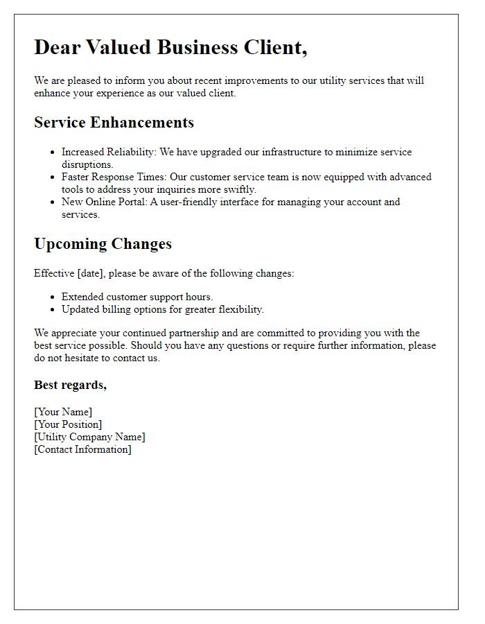 Letter template of improved utility service update for business clients.