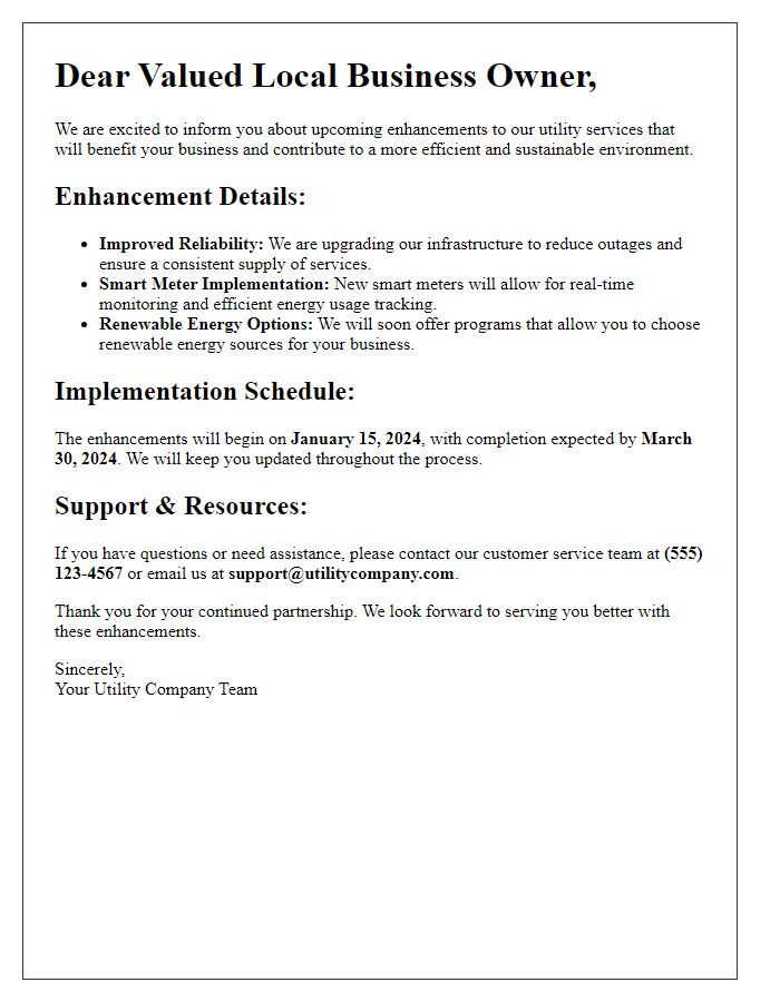 Letter template of upcoming utility service enhancements for local businesses.