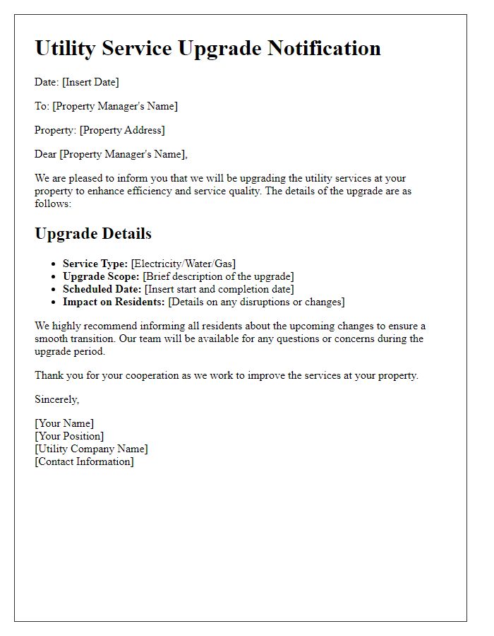 Letter template of utility service upgrade details for property managers.