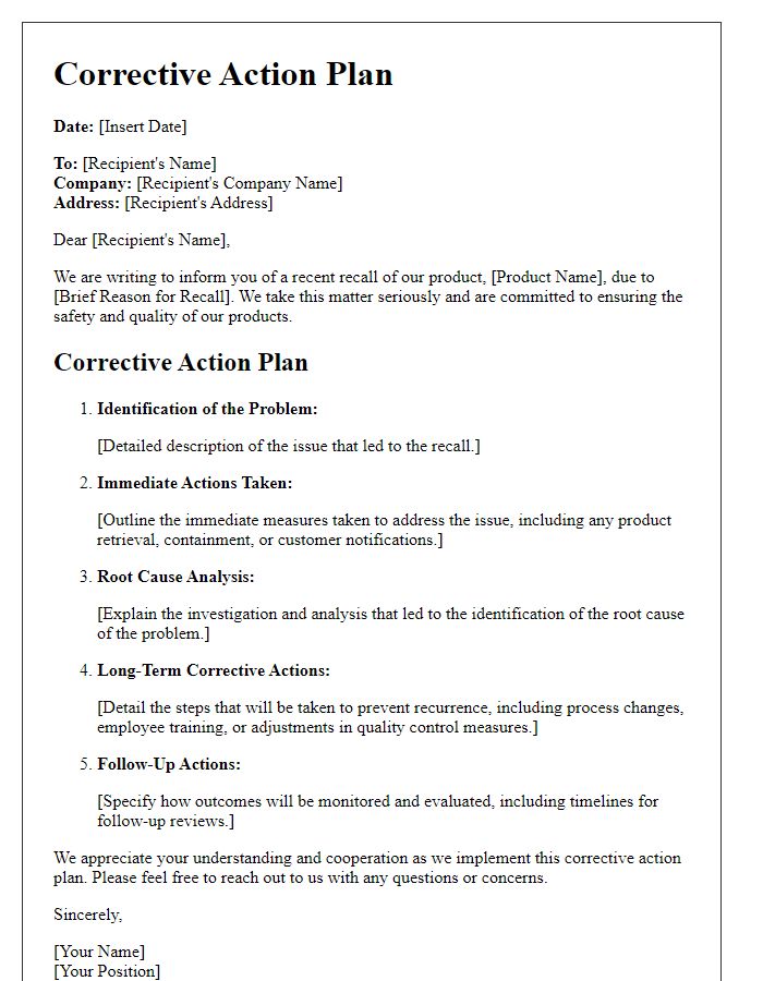 Letter template of corrective action plan due to recall