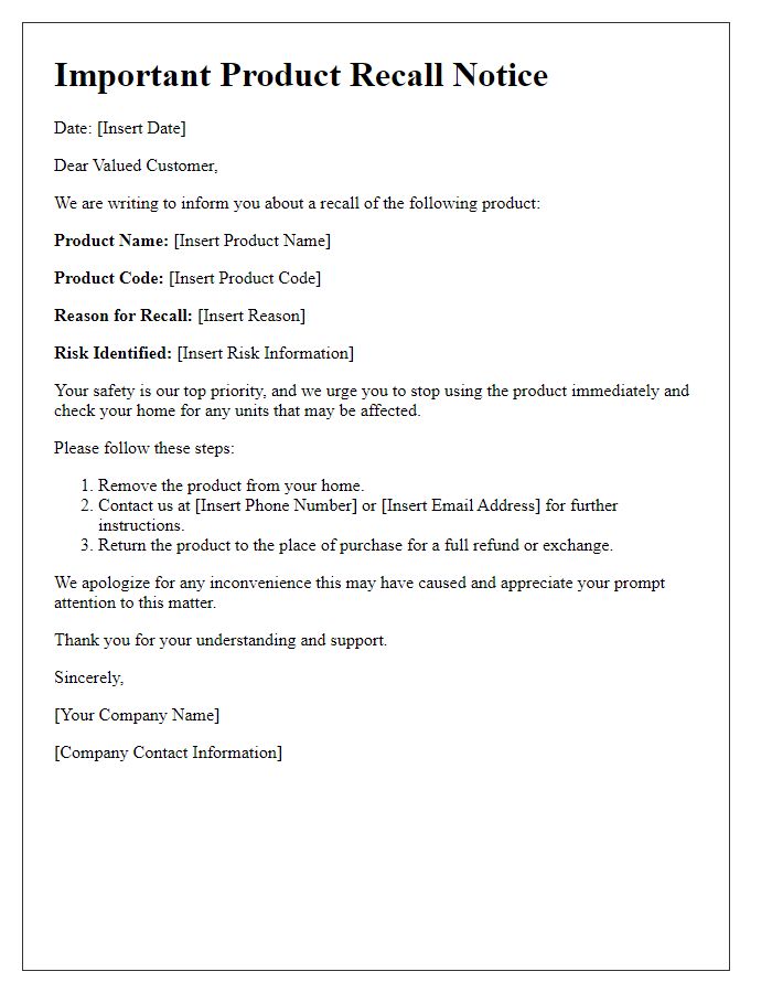 Letter template of product recall direct mail for consumers