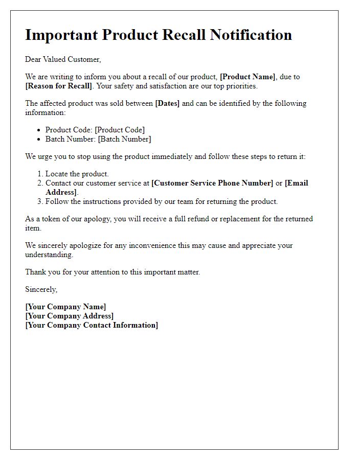 Letter template of product recall notification for customers