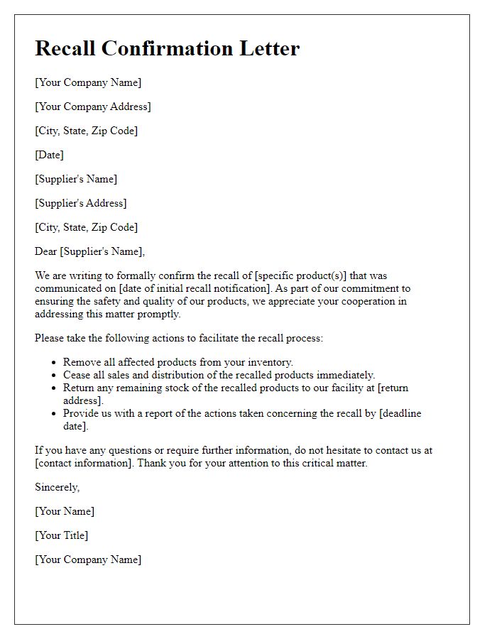 Letter template of recall confirmation for suppliers