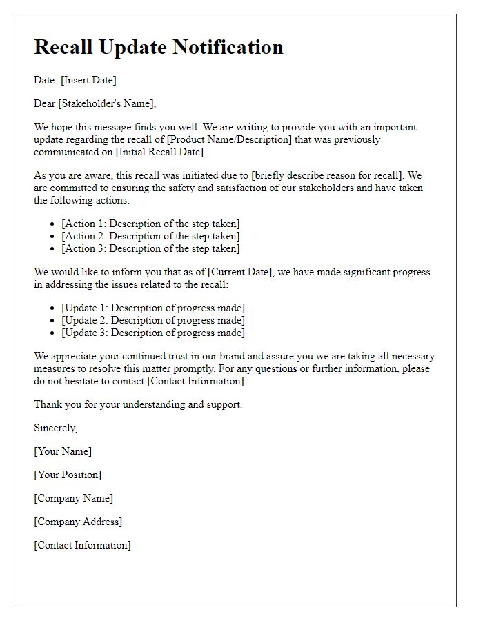 Letter template of recall update for stakeholders