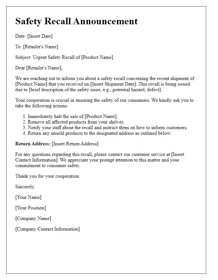 Letter template of safety recall announcement for retailers