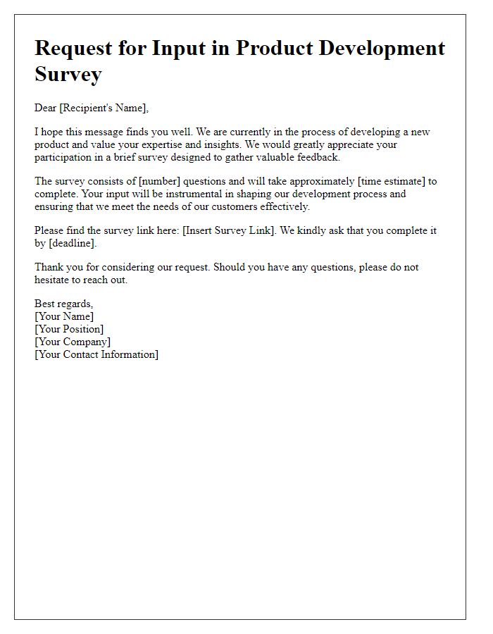 Letter template of request for input in product development survey.