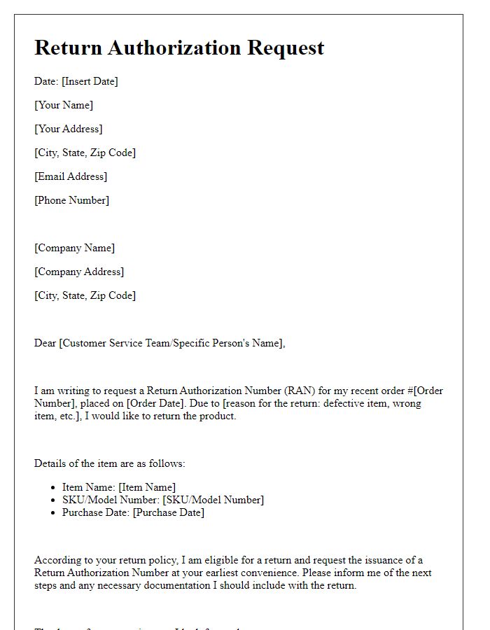 Letter template of application for return authorization number issuance.