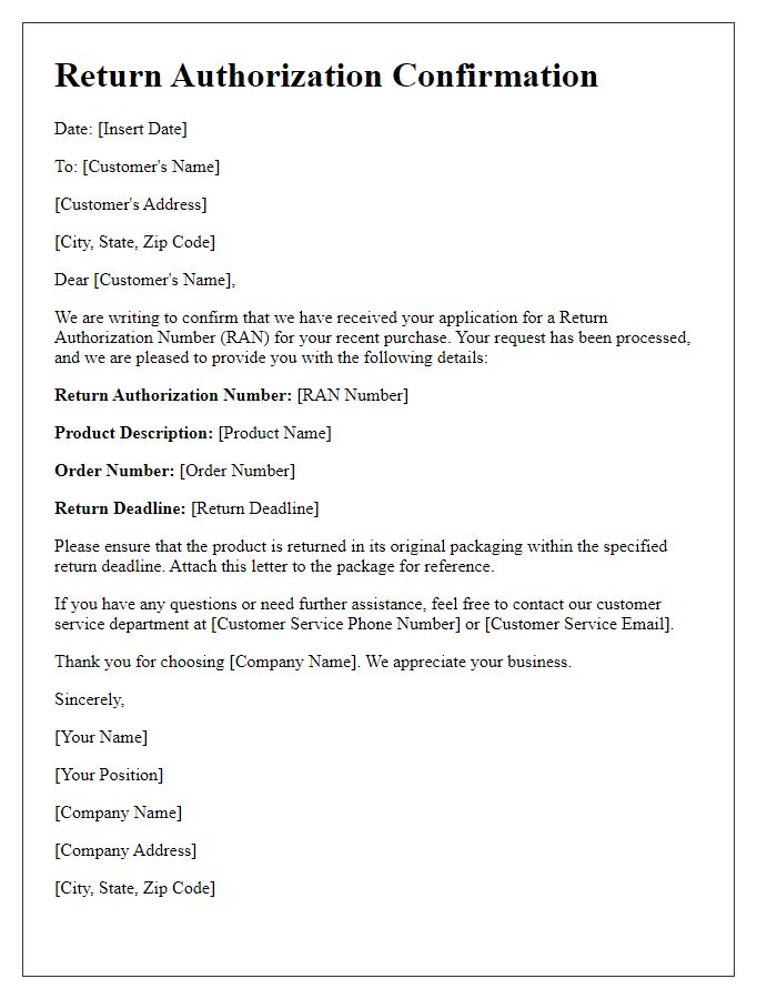 Letter template of confirmation for return authorization number application.