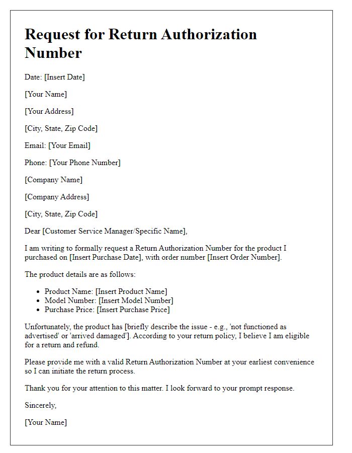 Letter template of demand for return authorization number.