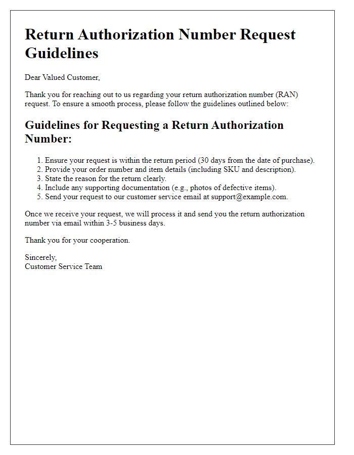 Letter template of guidelines for return authorization number requests.