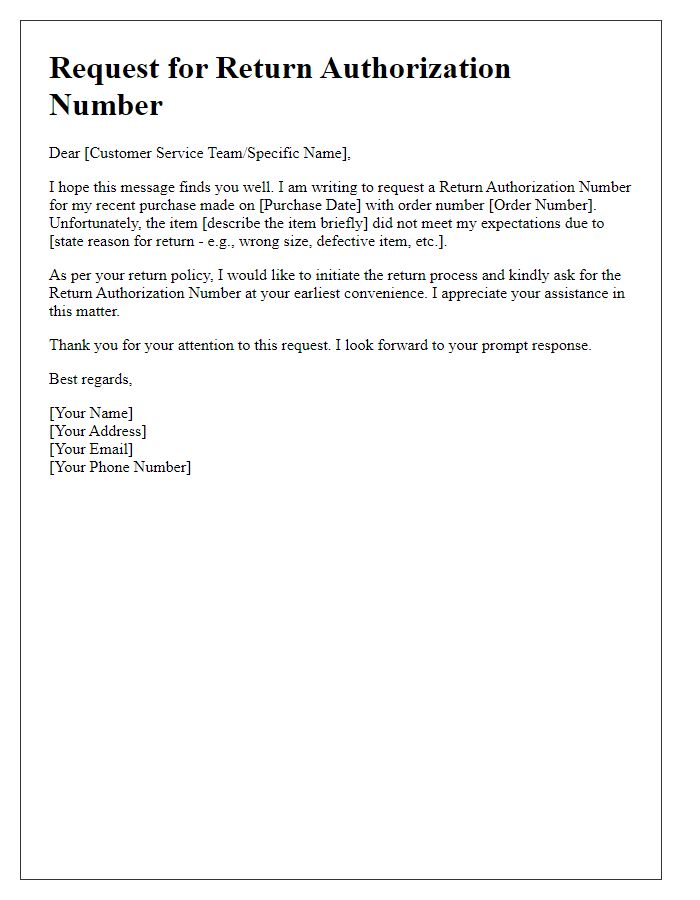 Letter template of inquiry for return authorization number.