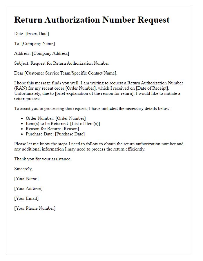 Letter template of notification for return authorization number request.