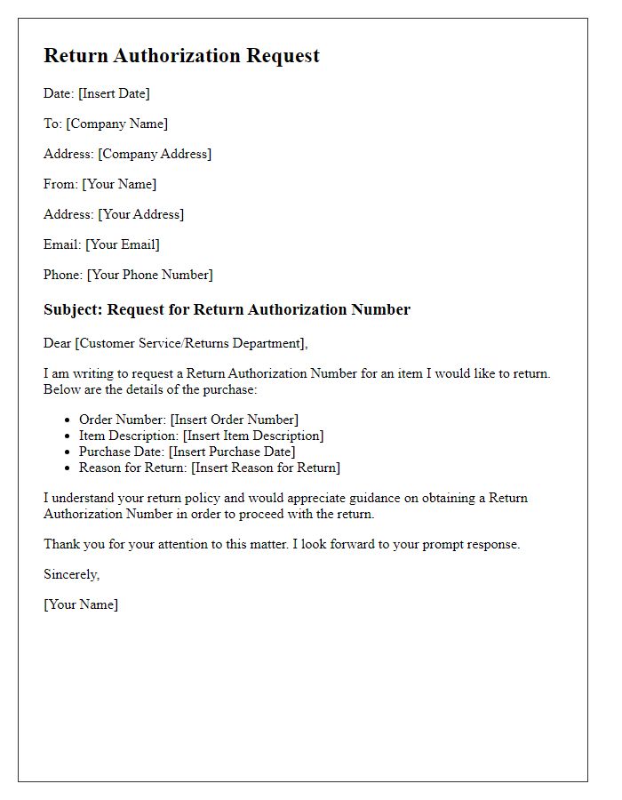 Letter template of procedure for obtaining a return authorization number.