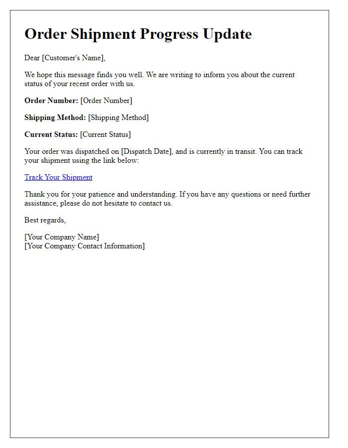 Letter template of order shipment progress