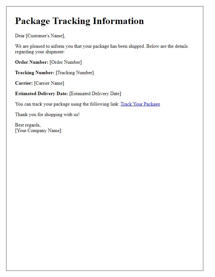 Letter template of package tracking information