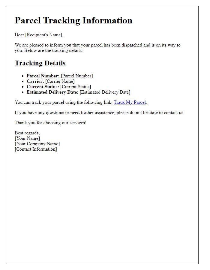 Letter template of parcel tracking details