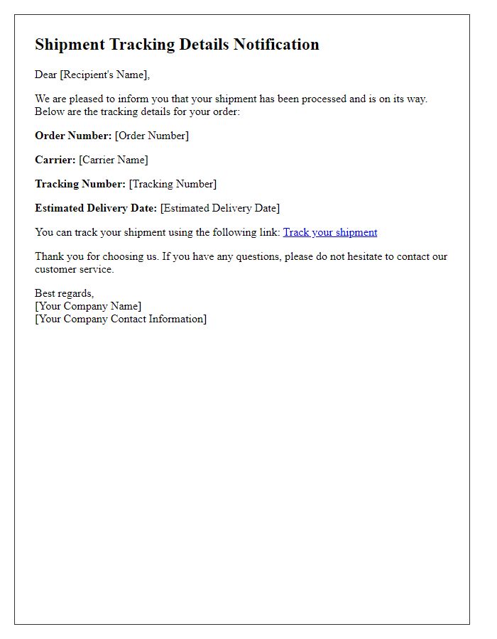 Letter template of shipment tracking details notification