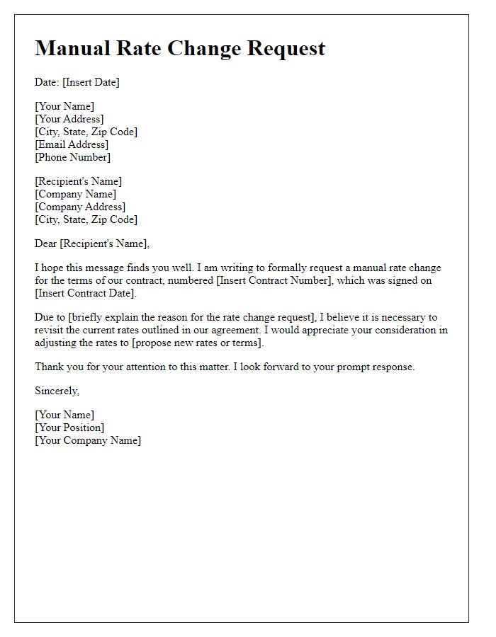 Letter template of manual rate change request for contract terms.