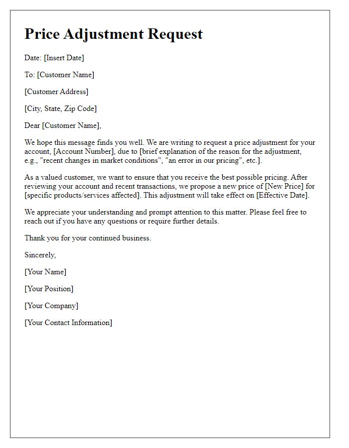Letter template of price adjustment request for customer account.