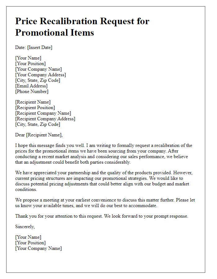 Letter template of price recalibration request for promotional items.