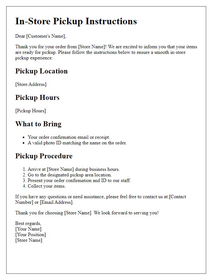 Letter template of In-Store Pickup Instructions