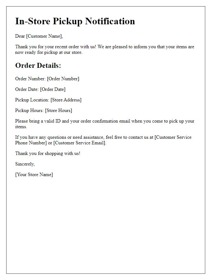 Letter template of In-Store Pickup Notification for Your Recent Order