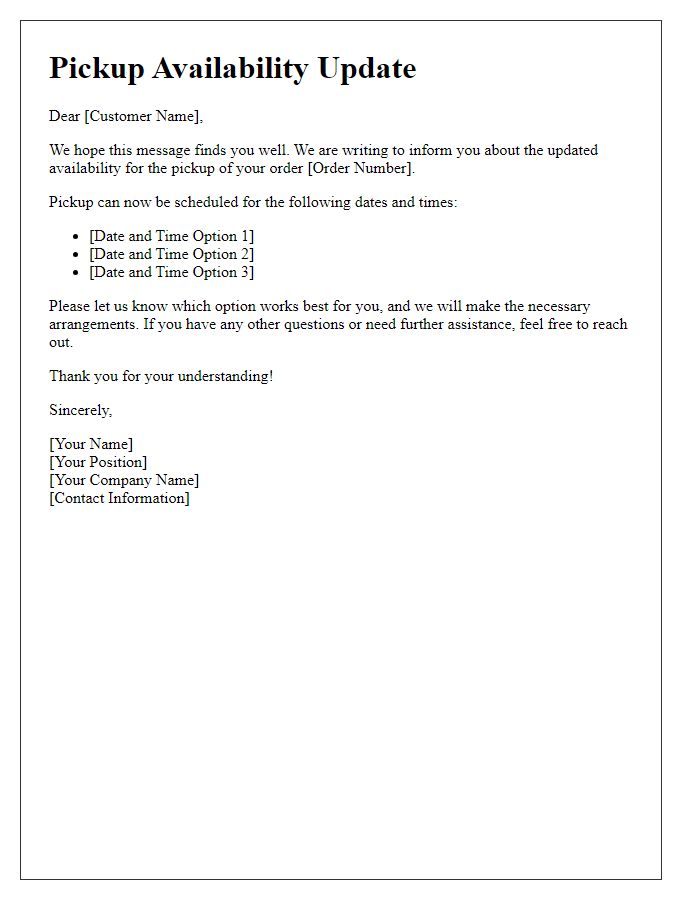 Letter template of Pickup Availability Update