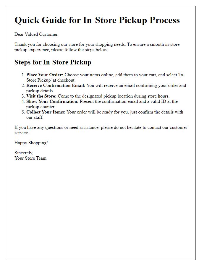 Letter template of Quick Guide for In-Store Pickup Process