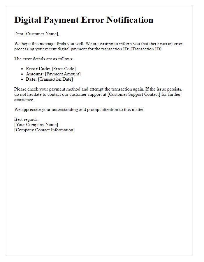Letter template of Digital Payment Error Notification
