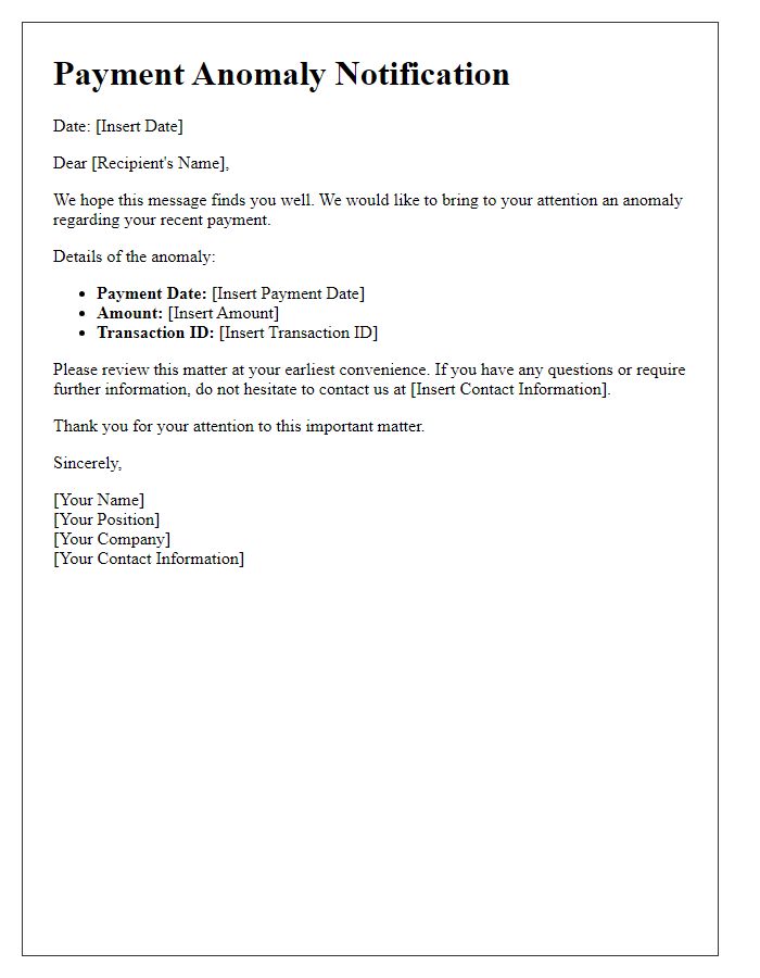 Letter template of Payment Anomaly Notification