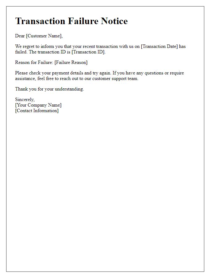 Letter template of Transaction Failure Message