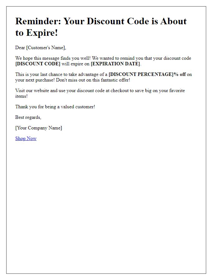 Letter template of discount code expiration warning