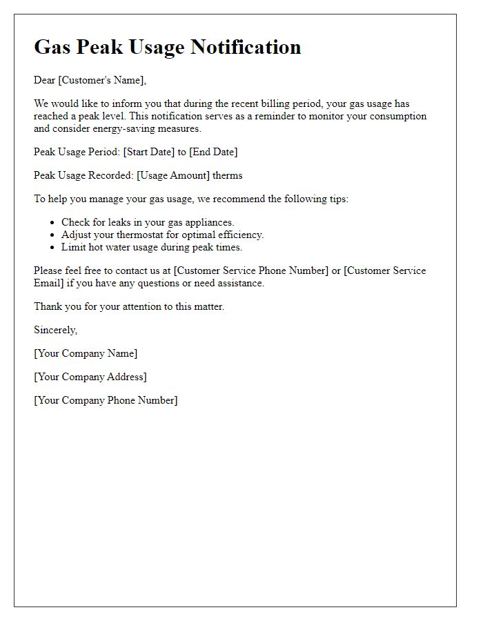 Letter template of gas peak usage notification