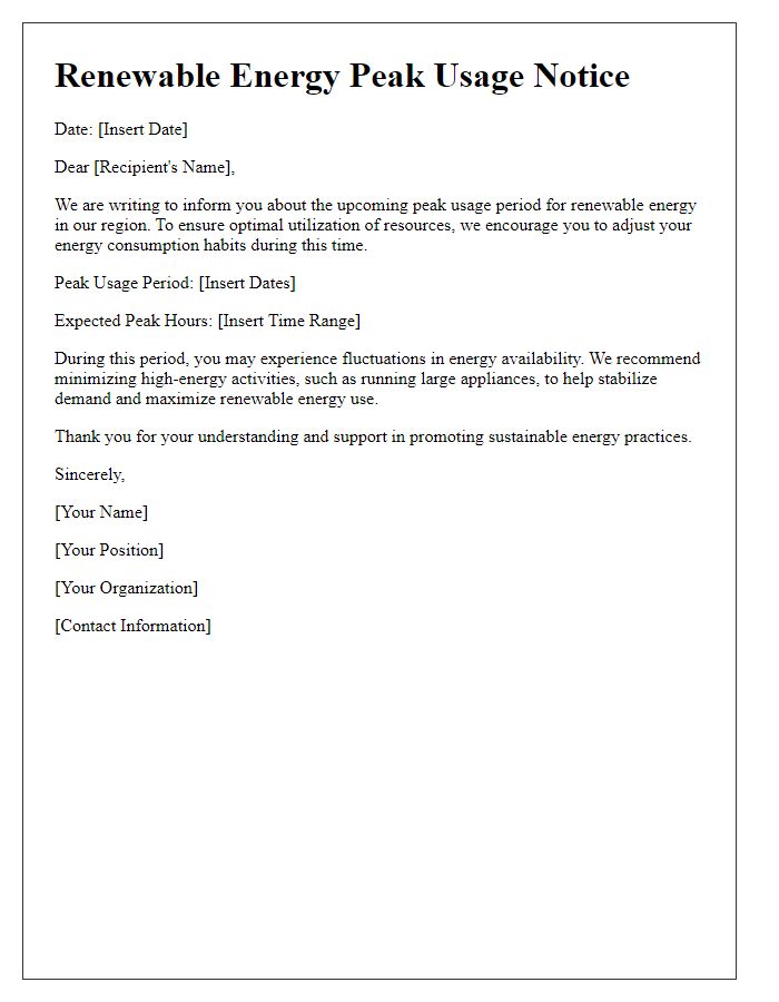 Letter template of renewable energy peak usage notice