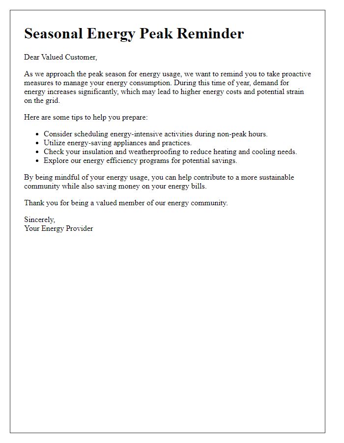 Letter template of seasonal energy peak reminder