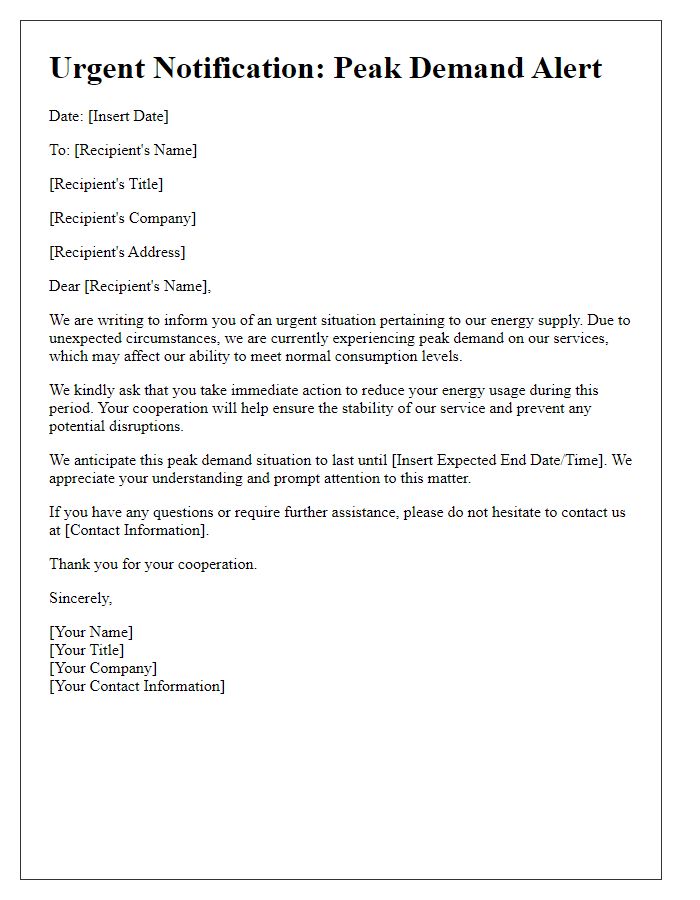 Letter template of urgent peak demand notification