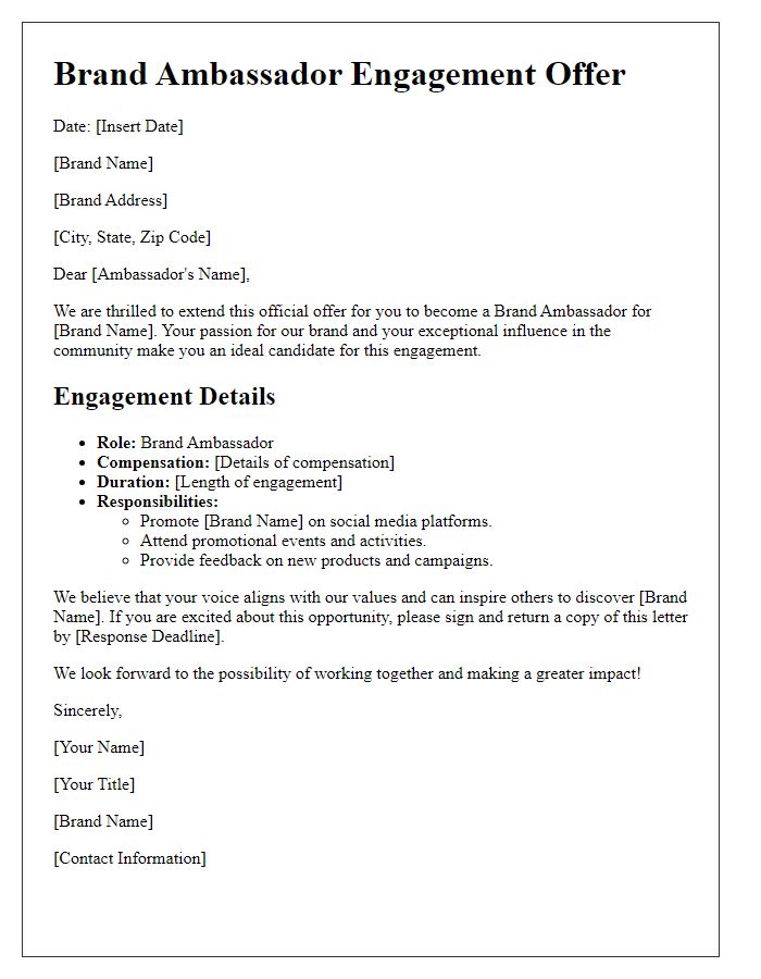 Letter template of Brand Ambassador Engagement Offer