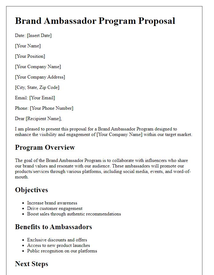 Letter template of Brand Ambassador Program Proposal