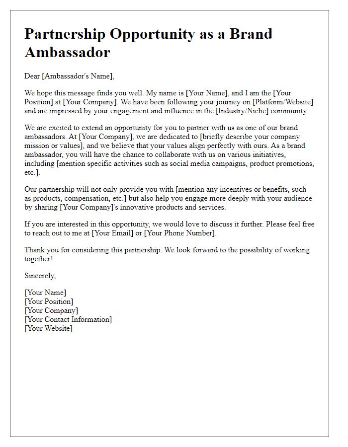 Letter template of Partnership Opportunity for Brand Ambassadors