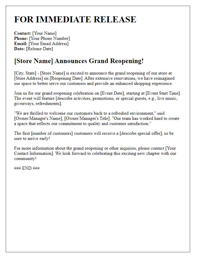 Letter template of press release for store's grand reopening.