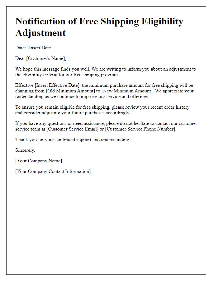 Letter template of Free Shipping Eligibility Adjustment Notice