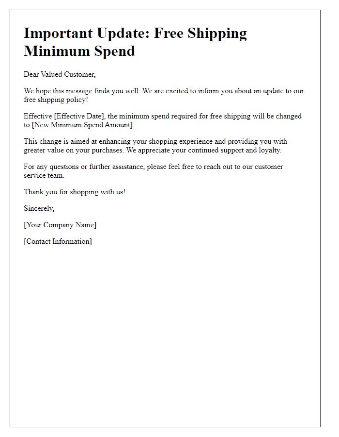 Letter template of Free Shipping Minimum Spend Update