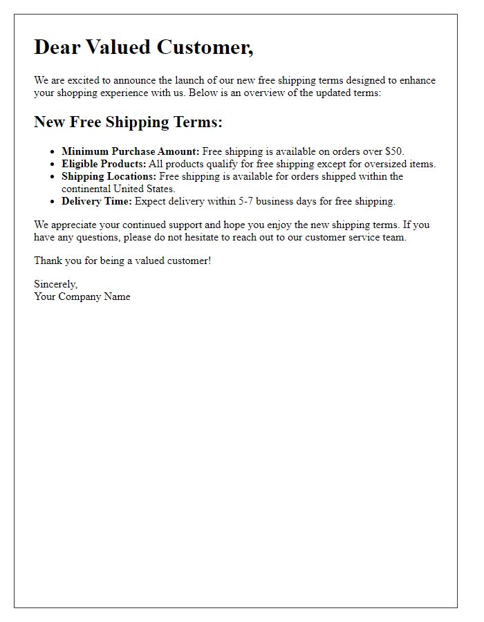 Letter template of New Free Shipping Terms Overview