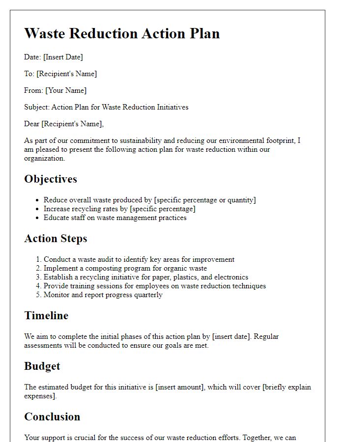 Letter template of action plan for waste reduction